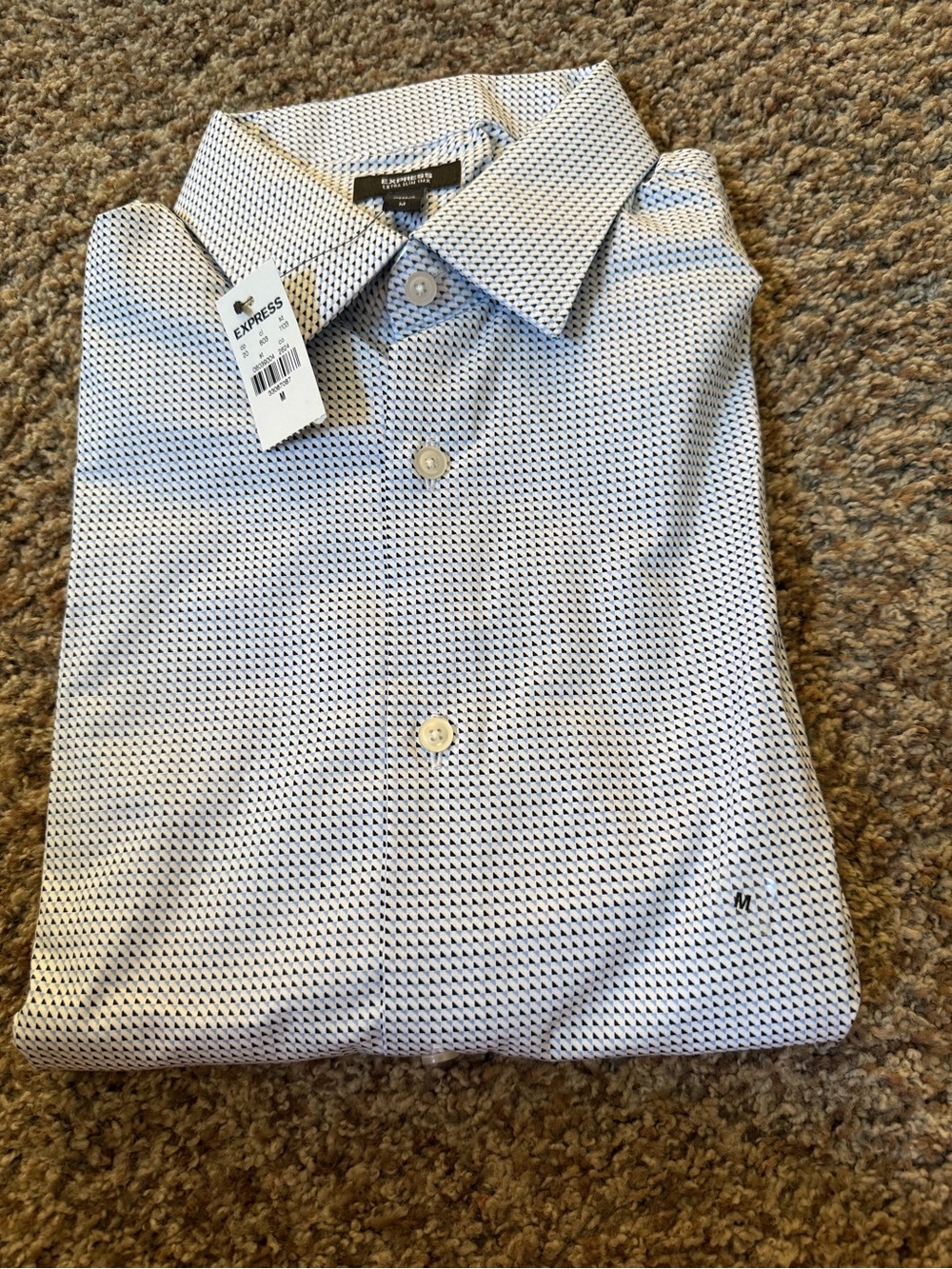 Express Men's White and Blue Micro-Pattern Dress Shirt. Extra slim. Medium
